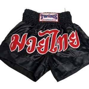 Twins Special Shorts Mens XL Black Muay Thai Boxing Satin Trunks Elastic Waist